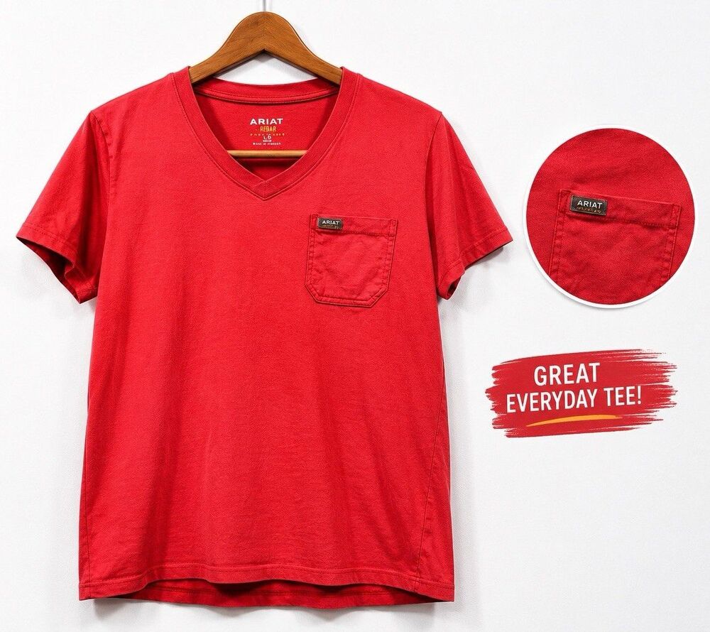 Ariat Rebar Women’s  Red V-Neck Pocket Graphic Knit T-Shirt Size L MPN 10039158